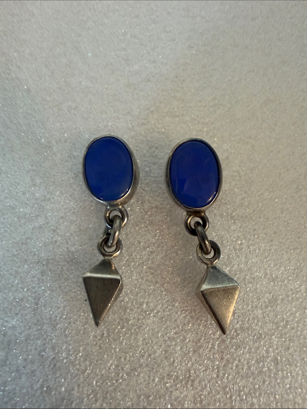 Silver Drop Earrings with Royal Blue Intaglio Agate Stones